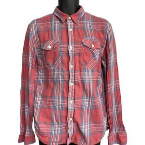 GUESS Button Up Shirt Mens Size L Pink Blue Plaid Long Sleeve Preppy Cotton Y2K